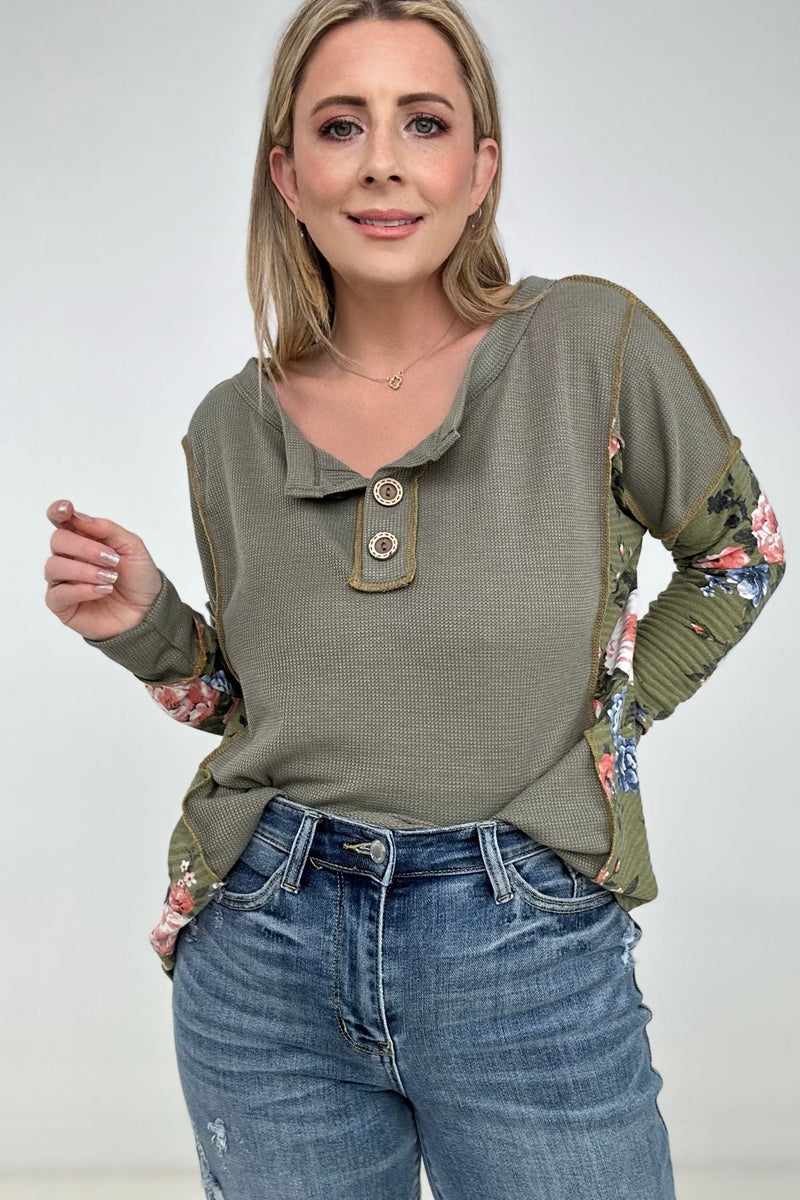 Floral Chic Thermal Color Block Henley Top