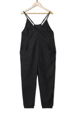 Textured Black Sleeveless V-Neck Pocketed Jumpsuit
