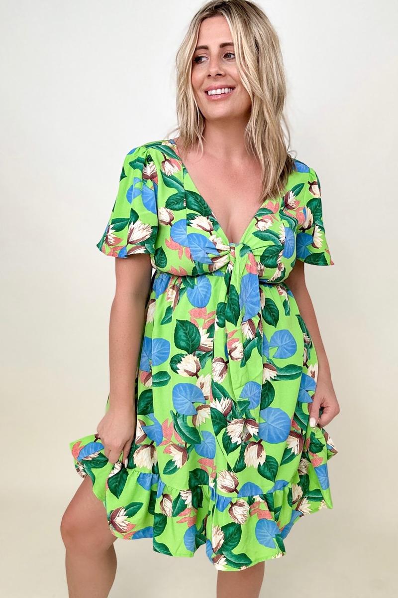 Gigio Tropical Print Flutter Sleeve Mini Dress