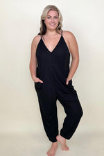 Textured Black Sleeveless V-Neck Pocketed Jumpsuit