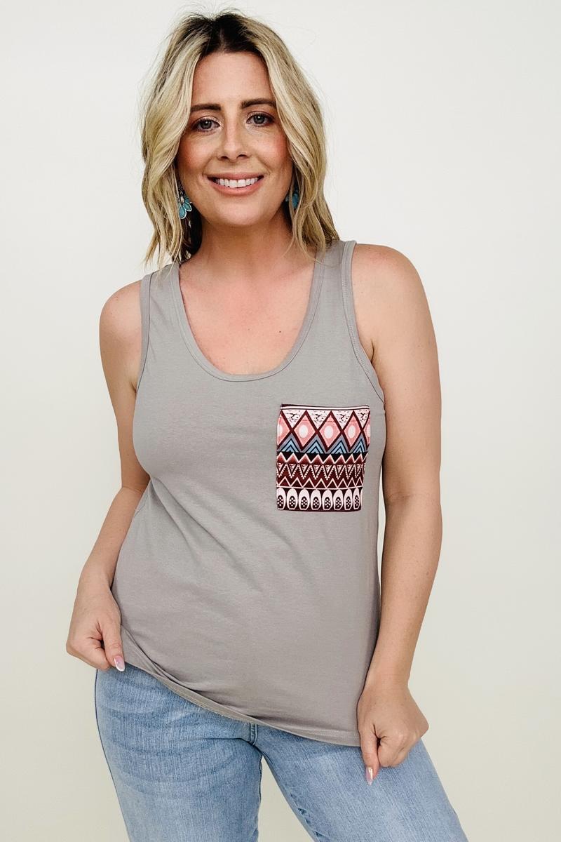 Tank Top with Aztec Pattern Chest Pocket