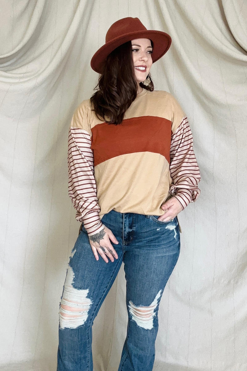 Round Neck Colorblock Striped Bishop Sleeve Top