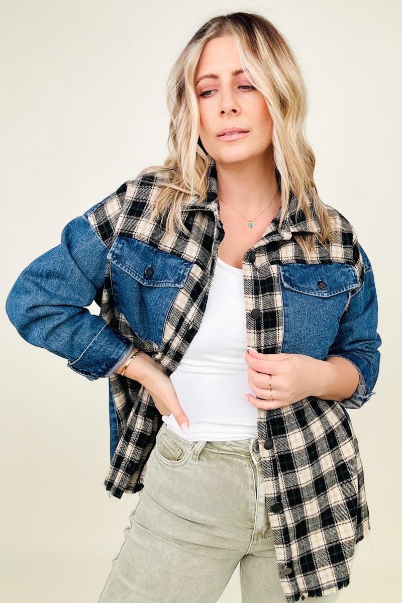 Cotton Bleu Brushed Plaid Denim Jacket